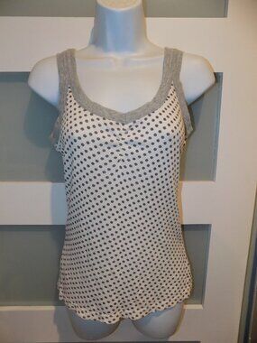 Gap Gray/Off White Wide Strap Stretch V-Neck Tank Top W/ Brown Polka Dot Size M